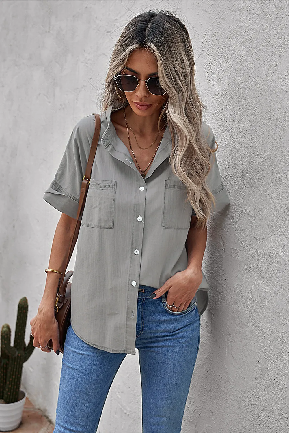 Green Turn-down Collar Short Sleeve Denim Shirt