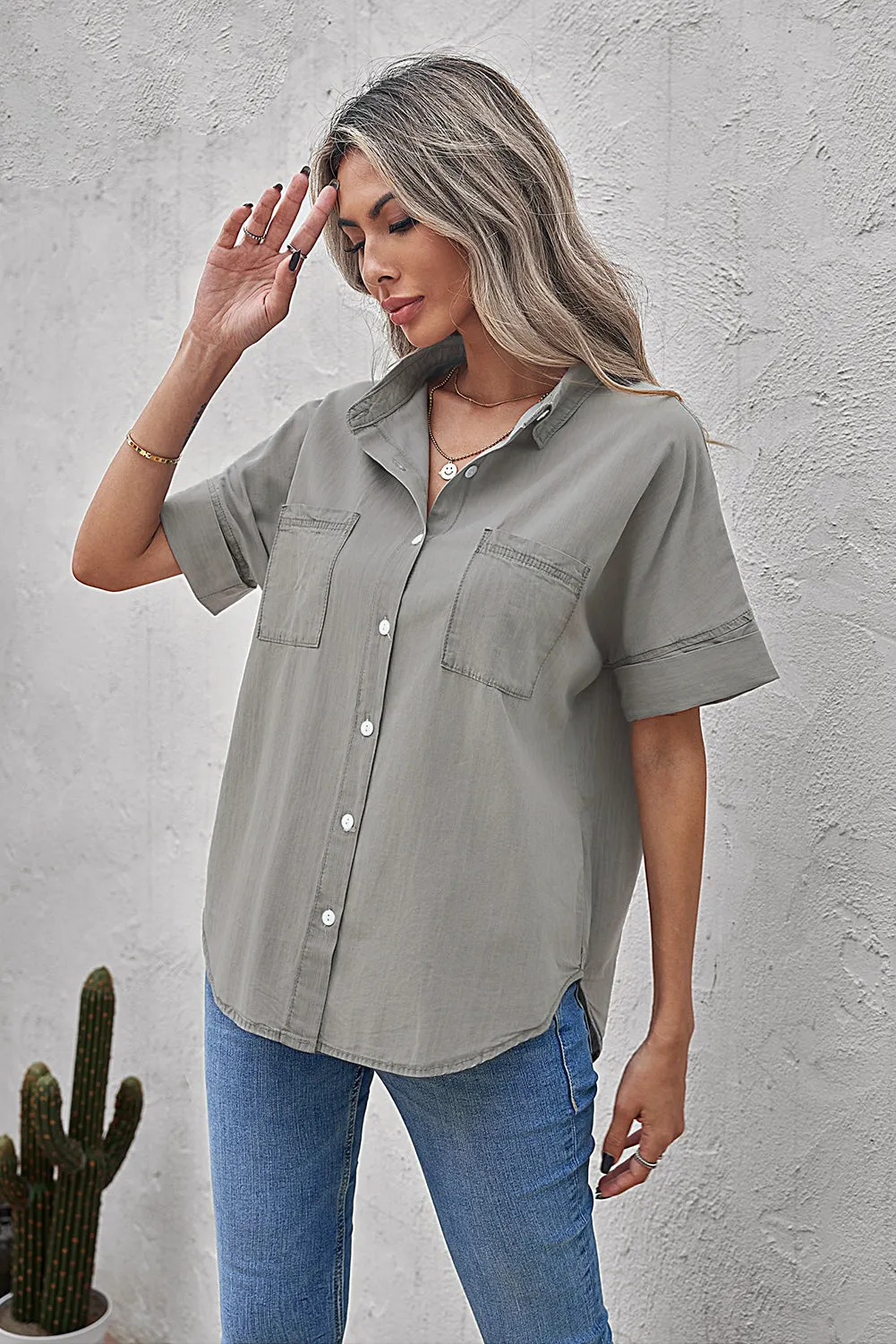 Green Turn-down Collar Short Sleeve Denim Shirt