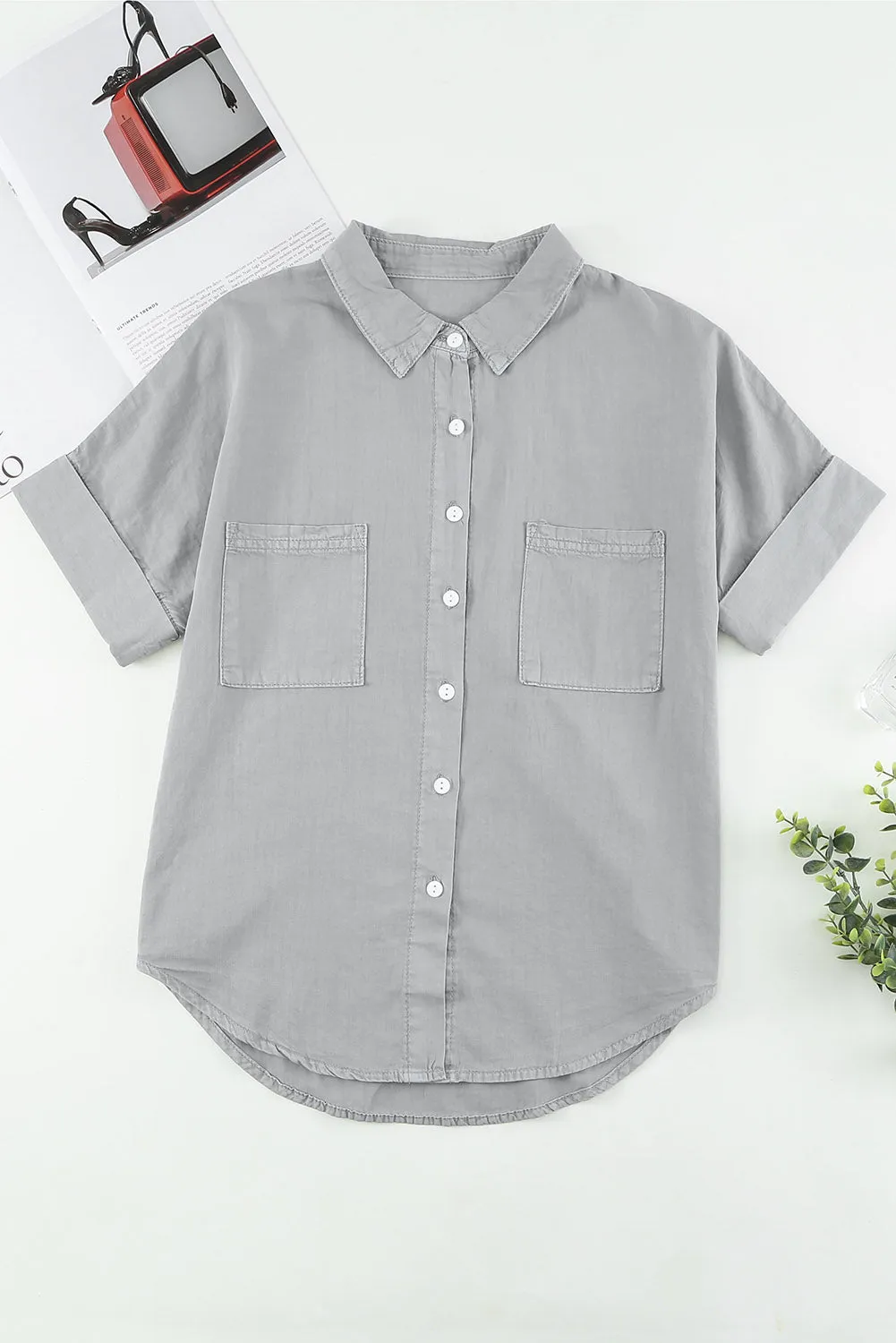 Green Turn-down Collar Short Sleeve Denim Shirt