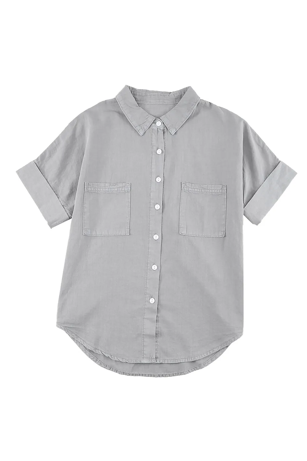Green Turn-down Collar Short Sleeve Denim Shirt