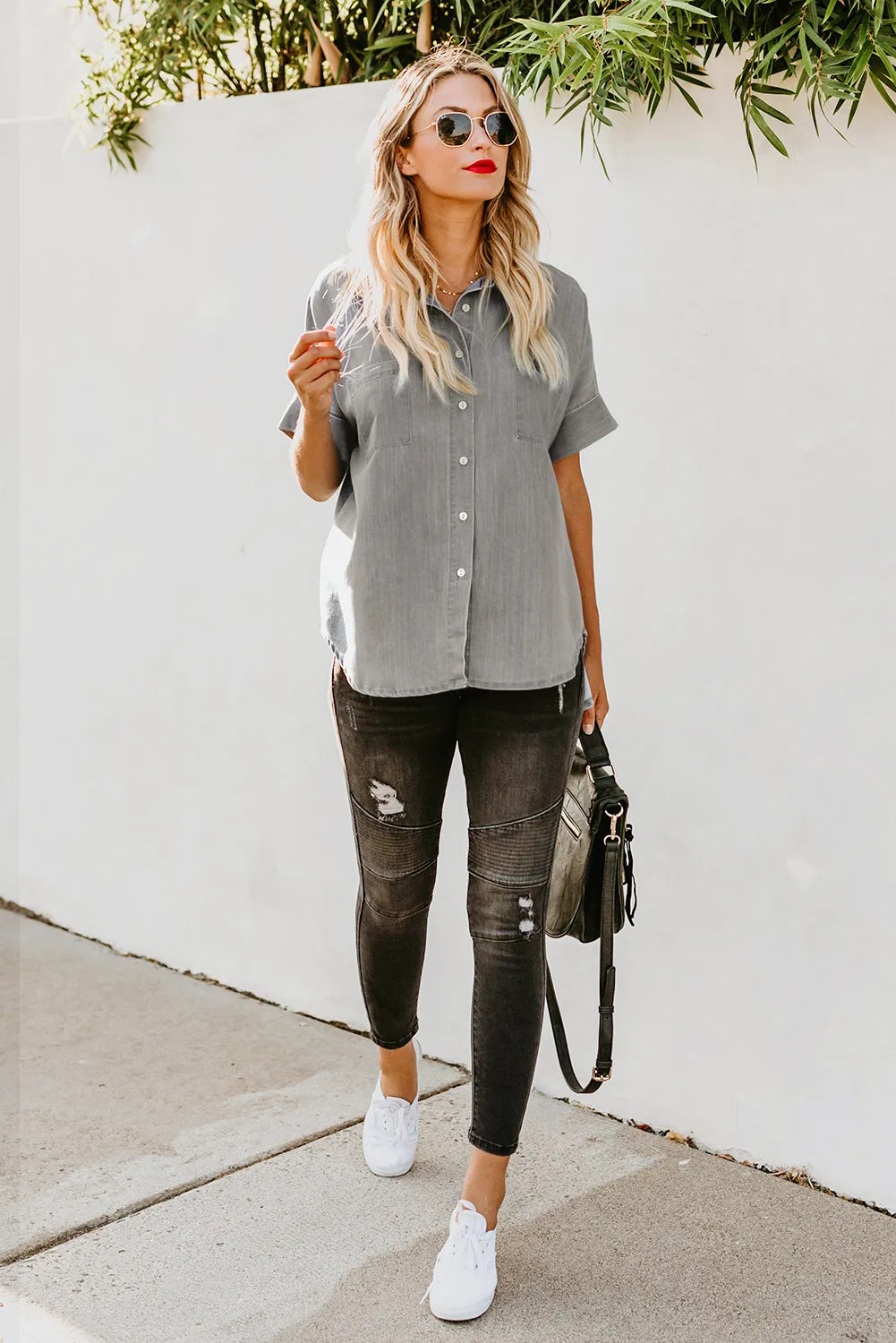 Green Turn-down Collar Short Sleeve Denim Shirt