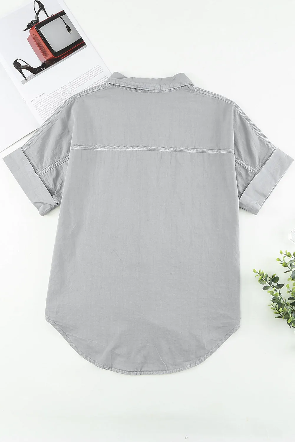 Green Turn-down Collar Short Sleeve Denim Shirt