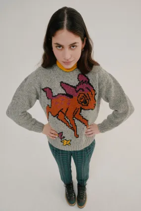 Howlin Acid Deer With Flowers Grey Knit Pullover