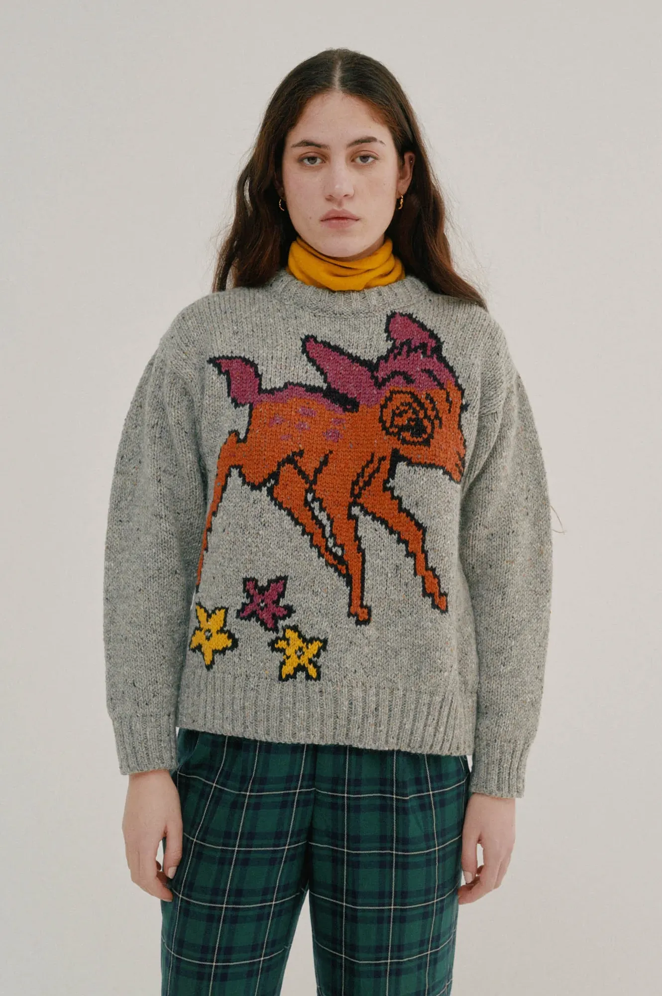 Howlin Acid Deer With Flowers Grey Knit Pullover