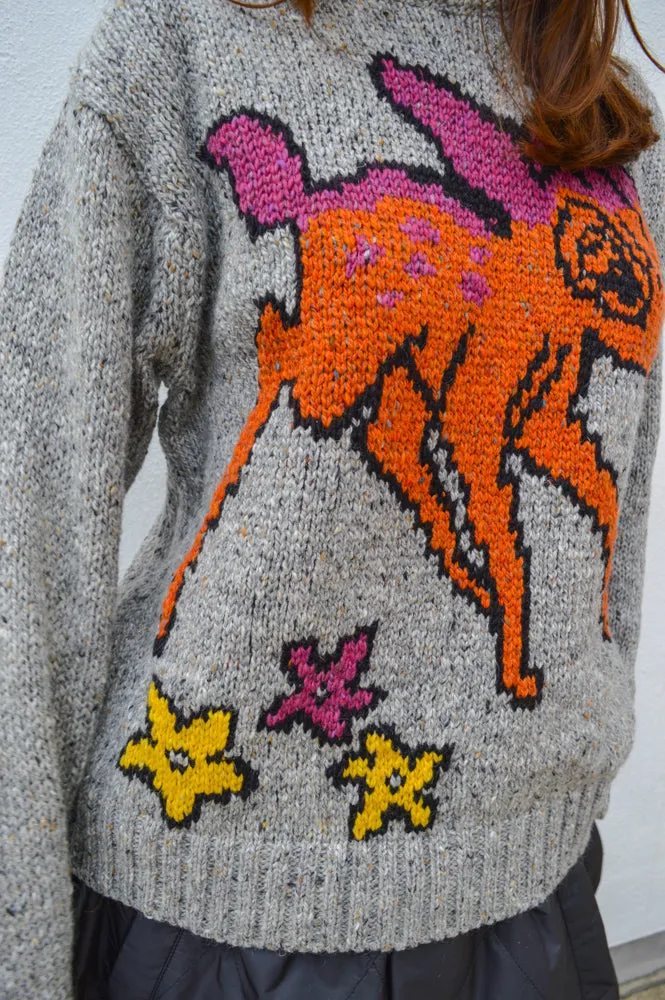 Howlin Acid Deer With Flowers Grey Knit Pullover