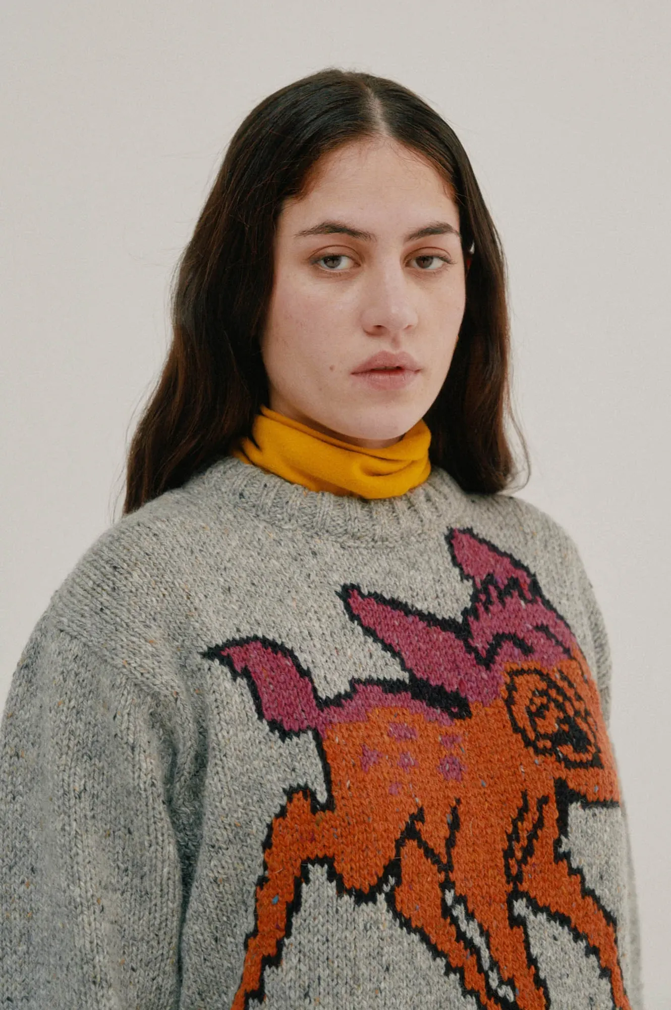 Howlin Acid Deer With Flowers Grey Knit Pullover