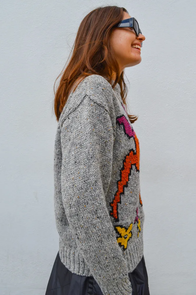 Howlin Acid Deer With Flowers Grey Knit Pullover
