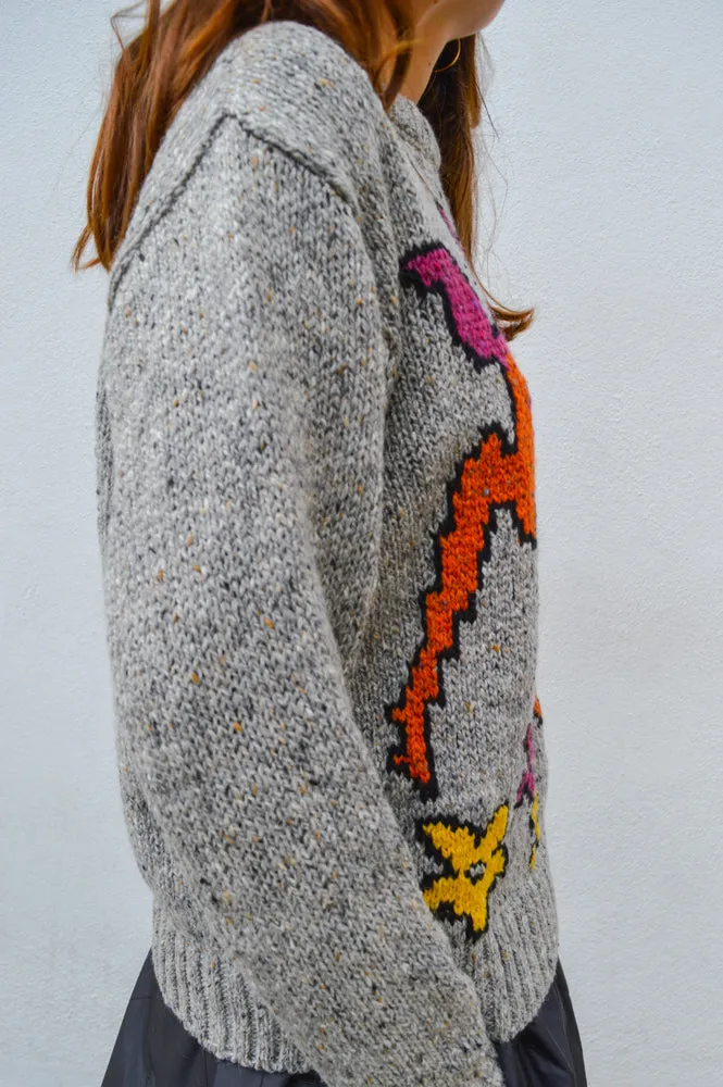 Howlin Acid Deer With Flowers Grey Knit Pullover
