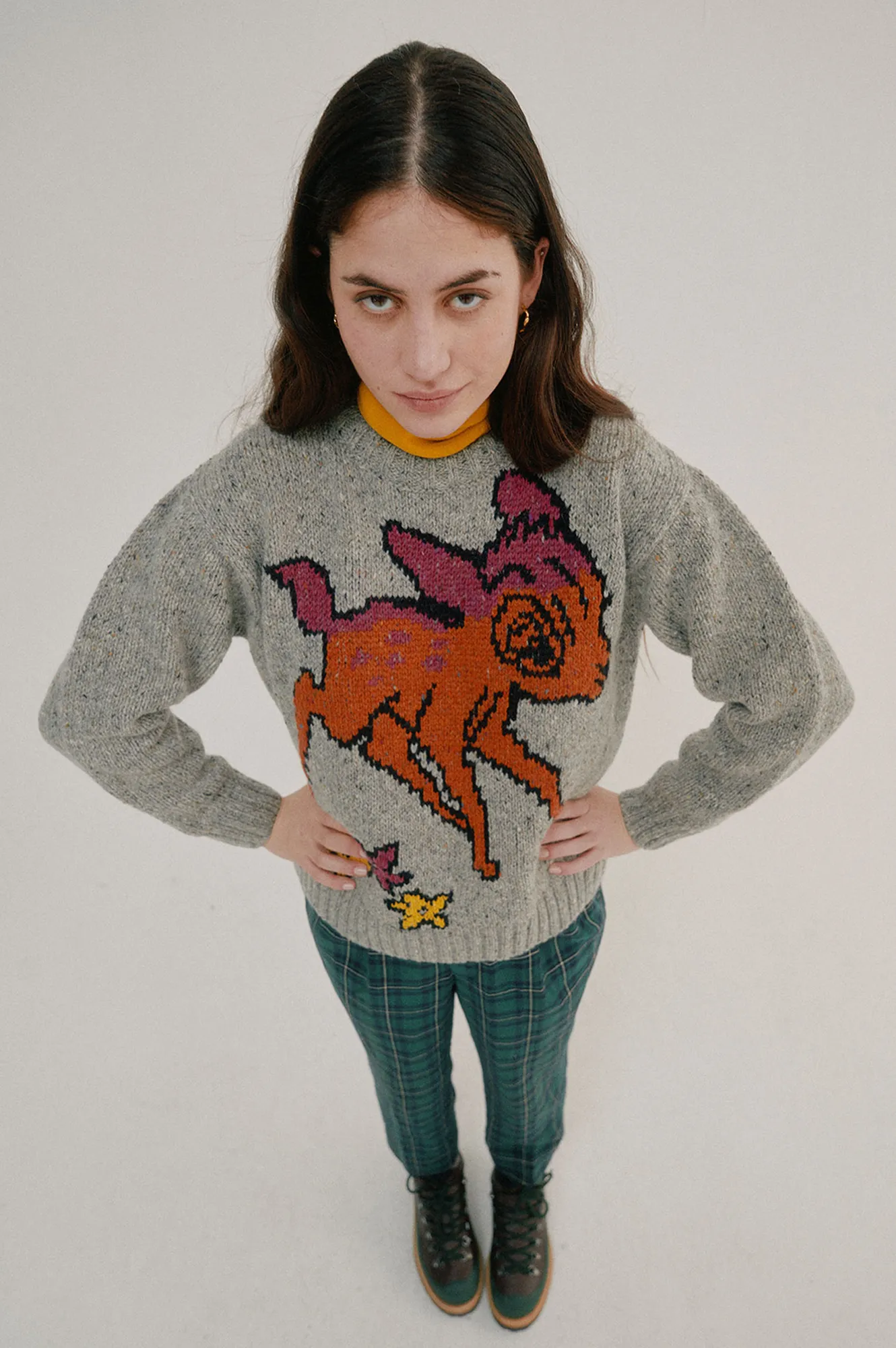 Howlin Acid Deer With Flowers Grey Knit Pullover