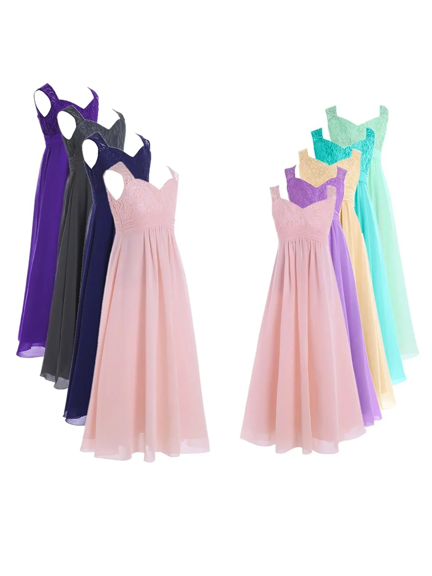 Junior Girls Chiffon Floral Lace Dress Pageant Wedding Bridesmaid Dresses Birthday Party Formal Summer Flower Girls Dresses