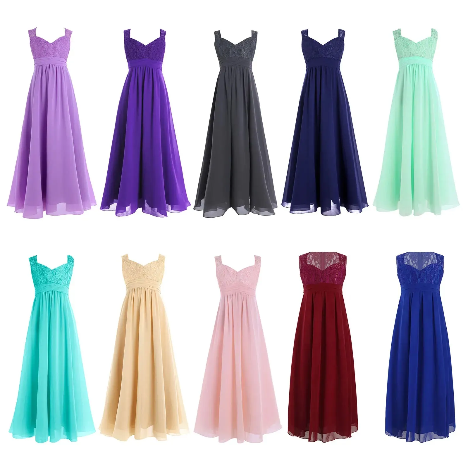 Junior Girls Chiffon Floral Lace Dress Pageant Wedding Bridesmaid Dresses Birthday Party Formal Summer Flower Girls Dresses