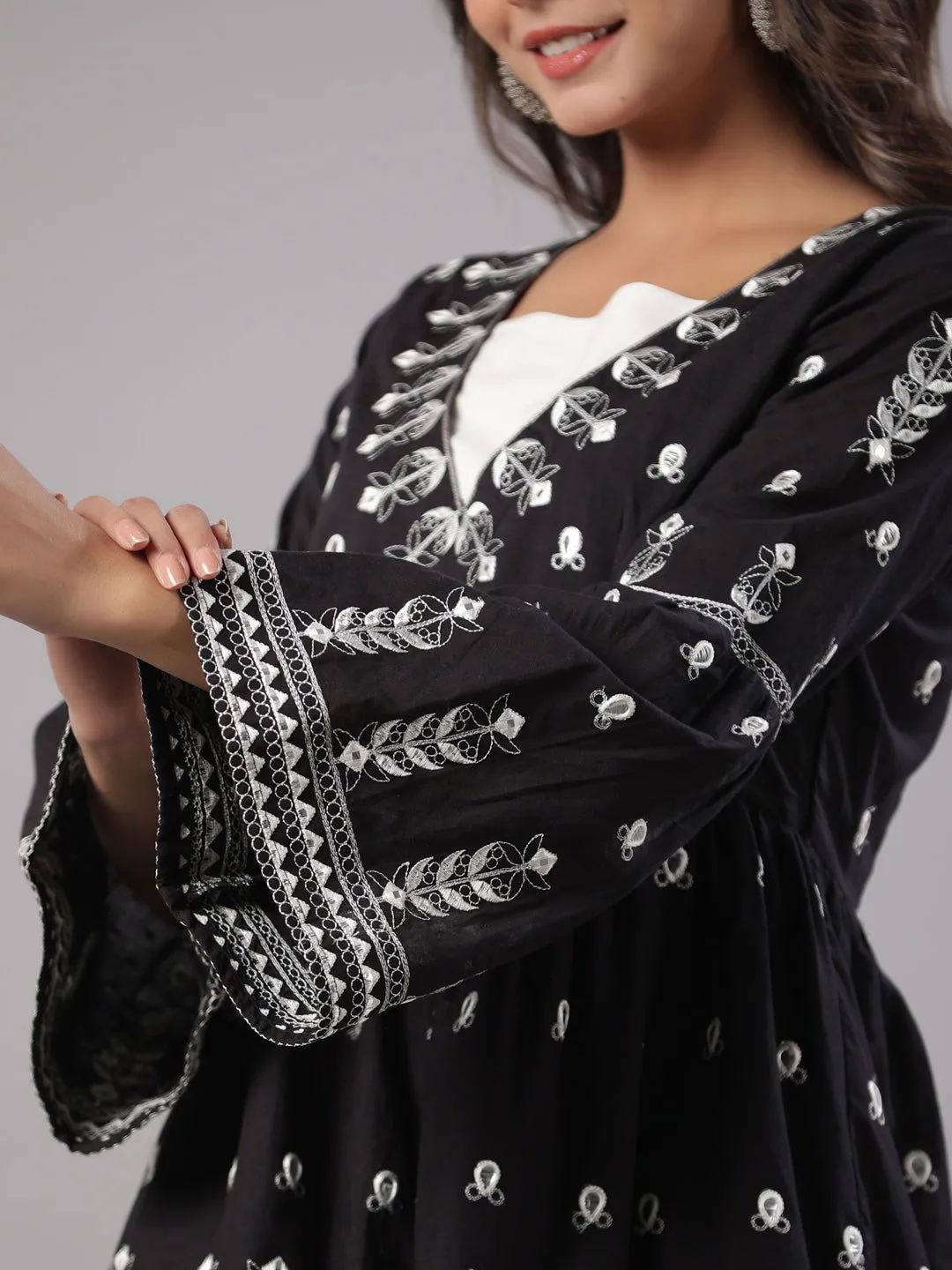 Juniper Black Cotton Dobby Peplum Tunic With Thread & Mirror Embroidery