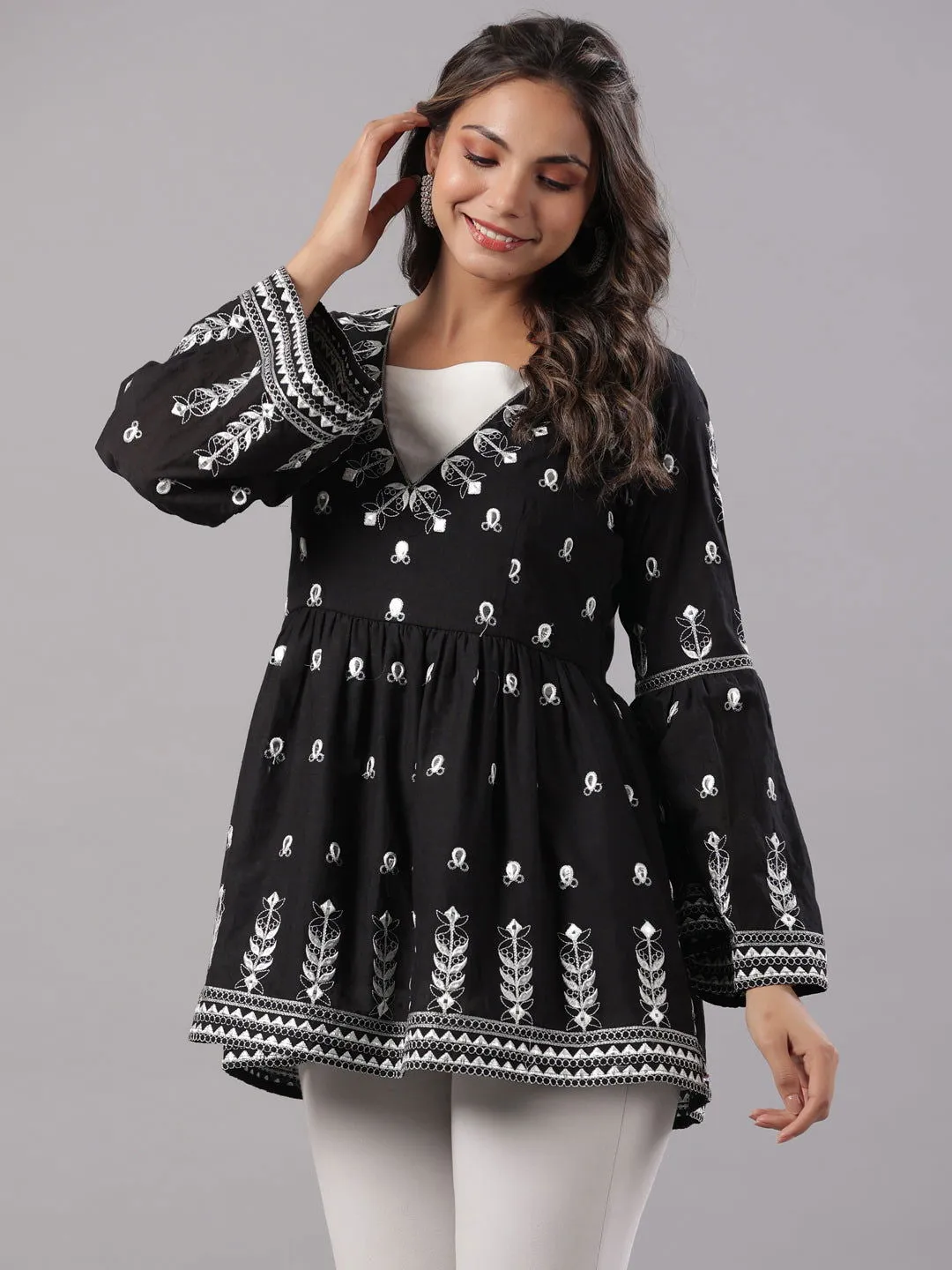 Juniper Black Cotton Dobby Peplum Tunic With Thread & Mirror Embroidery