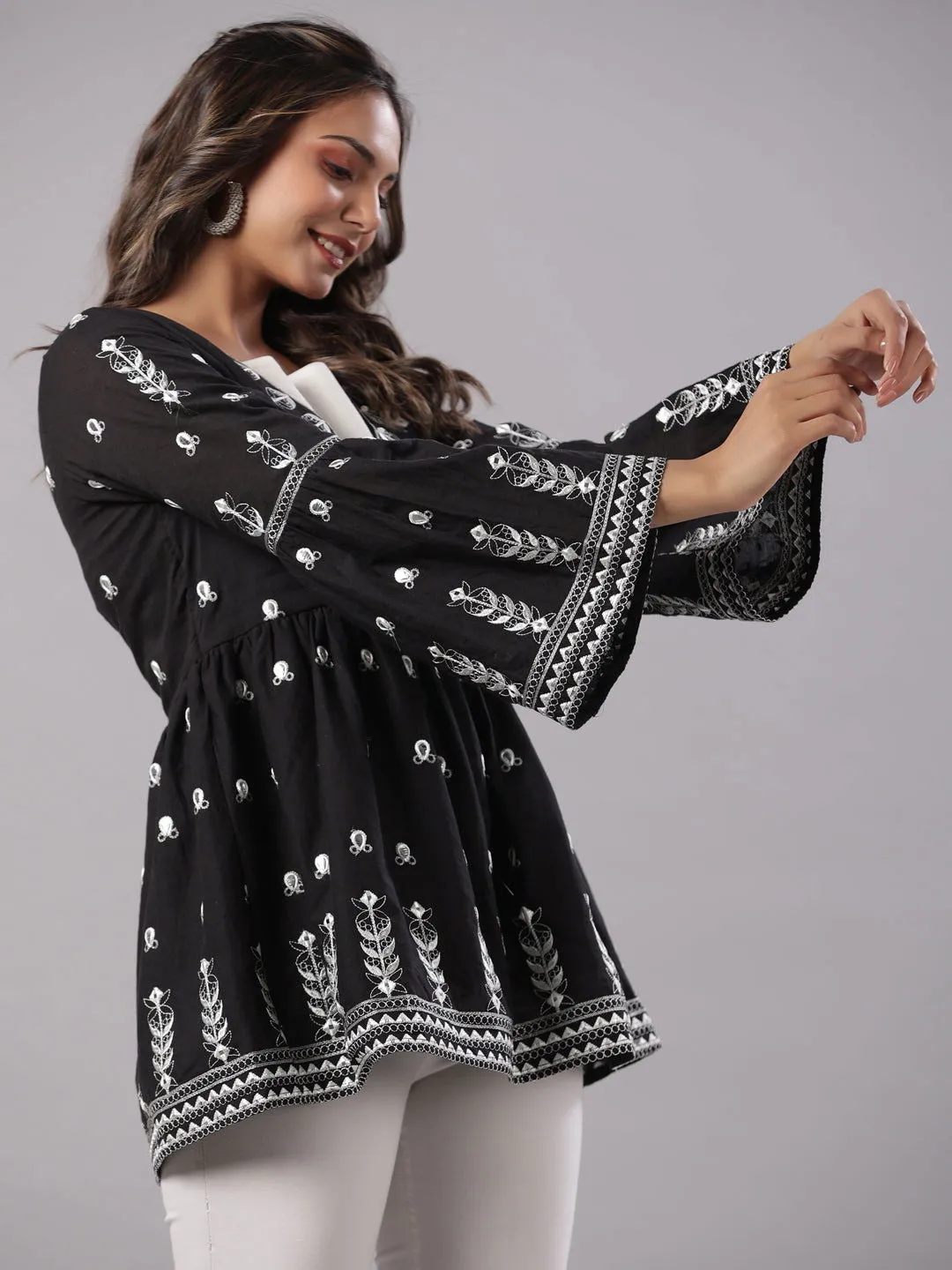 Juniper Black Cotton Dobby Peplum Tunic With Thread & Mirror Embroidery