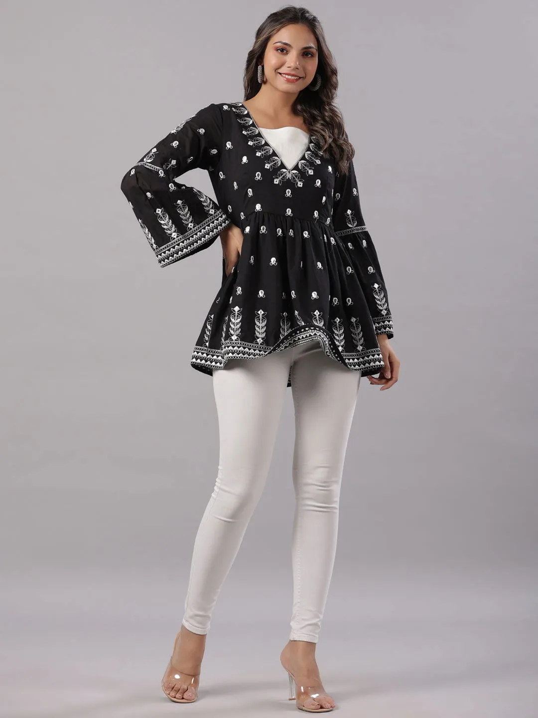 Juniper Black Cotton Dobby Peplum Tunic With Thread & Mirror Embroidery