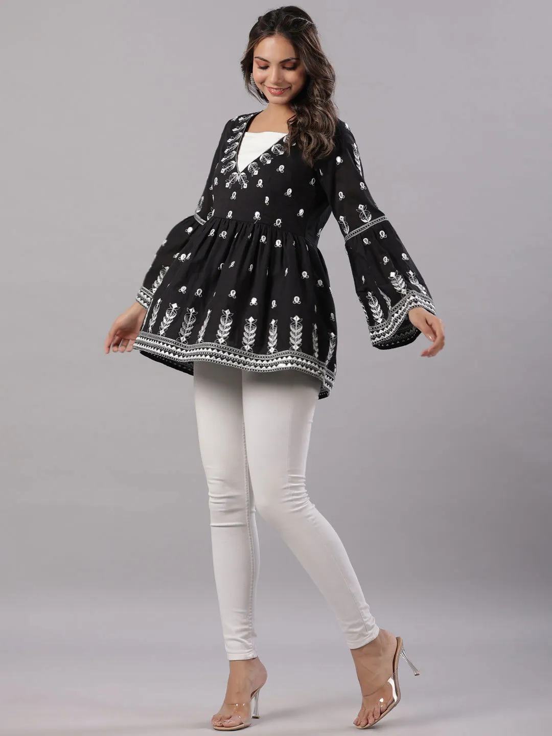 Juniper Black Cotton Dobby Peplum Tunic With Thread & Mirror Embroidery