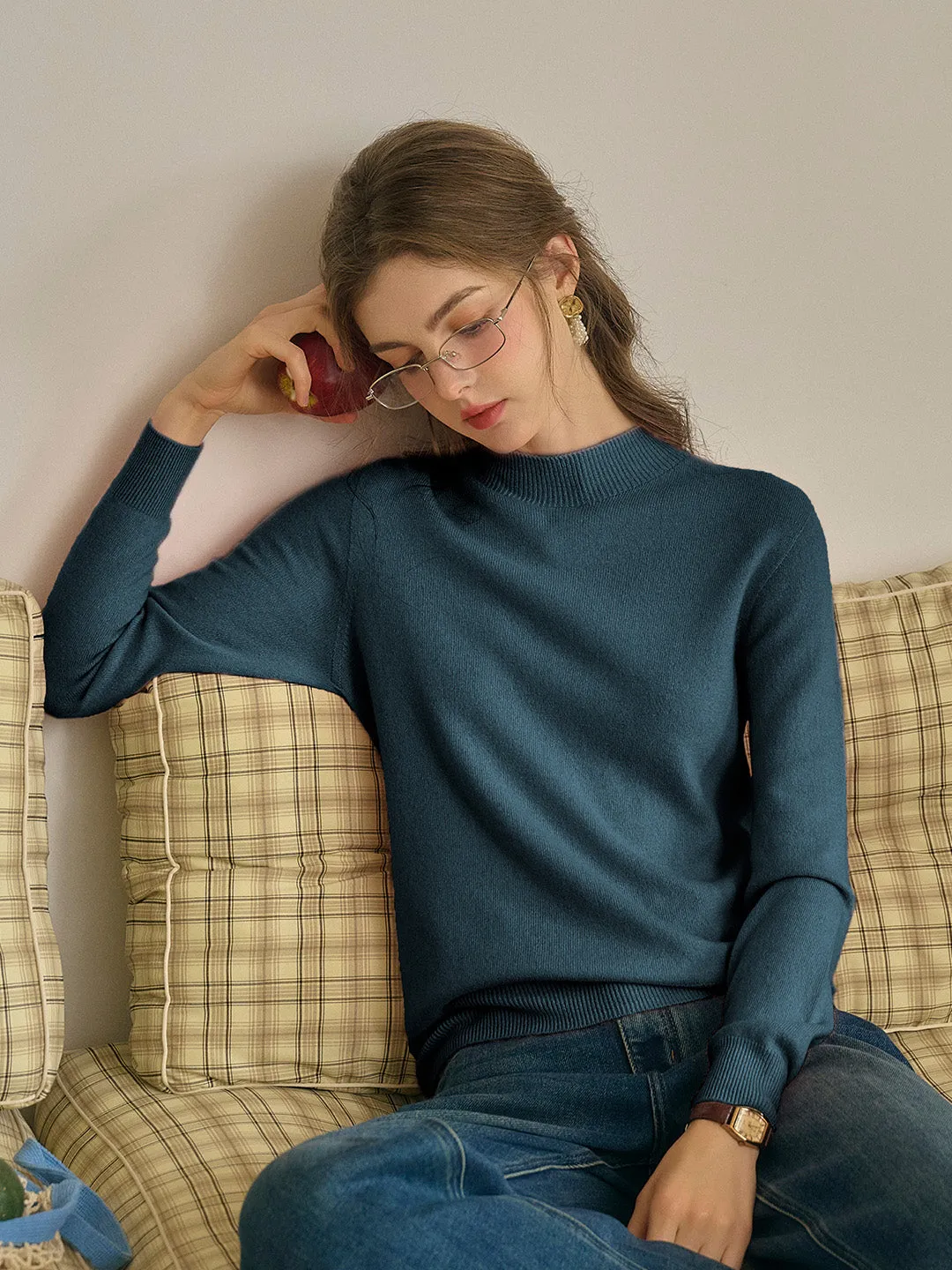 Kamari Mock Neck 100%Wool Slim Fit Knit Sweater-Brown