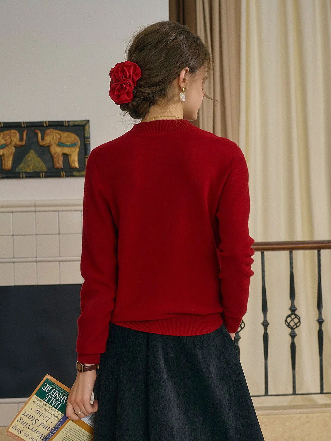 Kamari Mock Neck 100%Wool Slim Fit Knit Sweater-Red