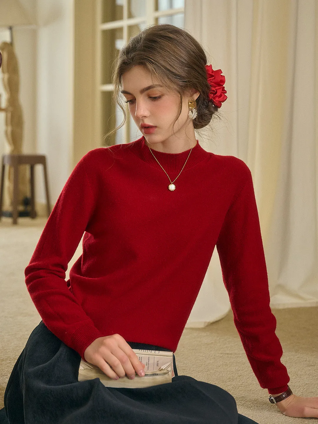 Kamari Mock Neck 100%Wool Slim Fit Knit Sweater-Red