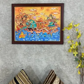 Lord Vishnu With Goddess Lakshmi & Bhudevi Kerala Mural - Handpainted Wall Decor