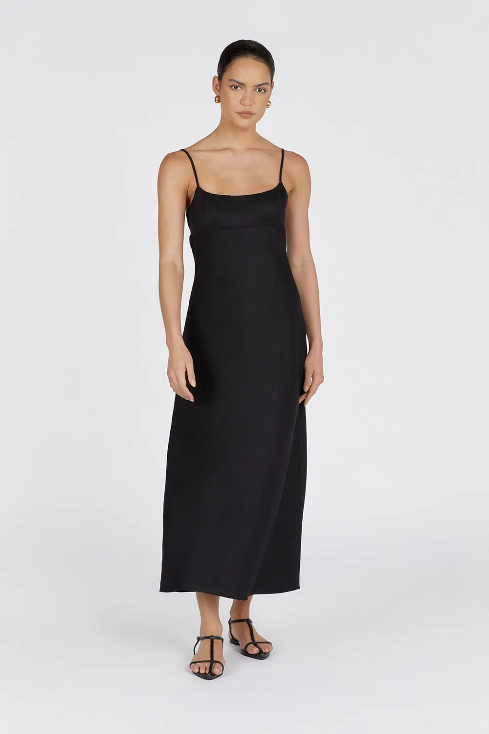 LUCIA BLACK LINEN MIDI DRESS