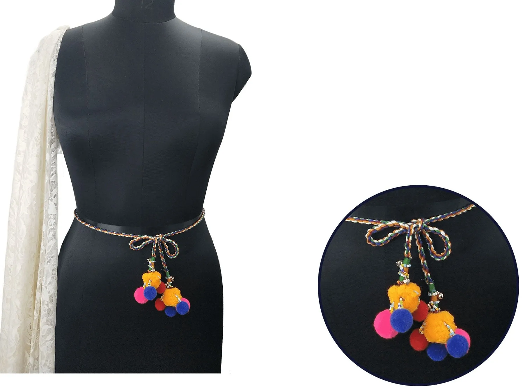 Multi Color Braided Cotton Cord Rope Waist Belt With Pom-Pom