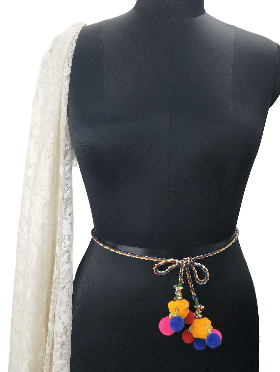 Multi Color Braided Cotton Cord Rope Waist Belt With Pom-Pom