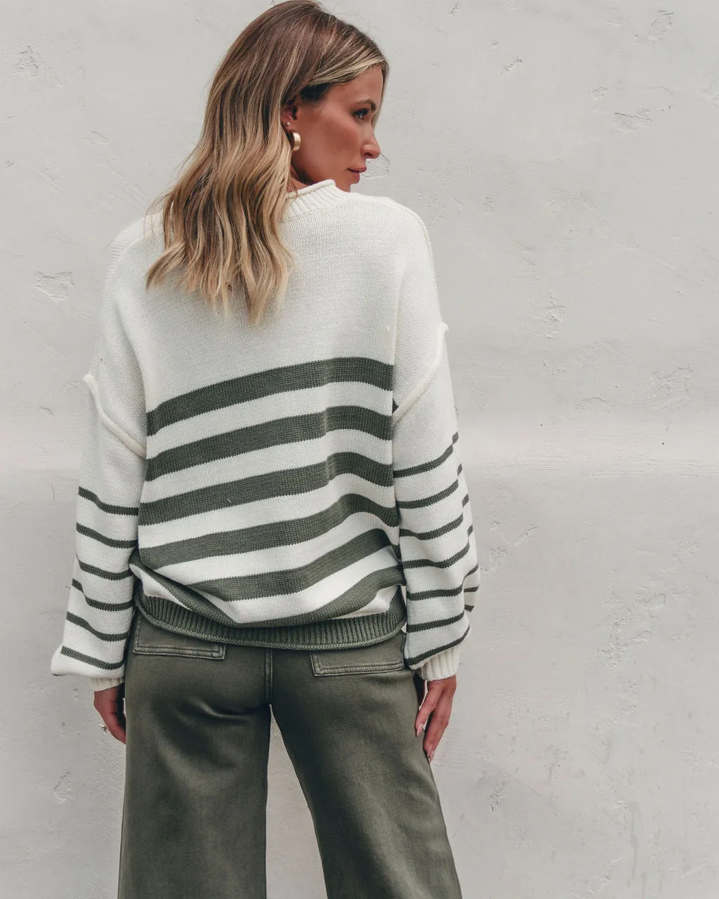 Olive and Cream Striped Pullover Sweater
