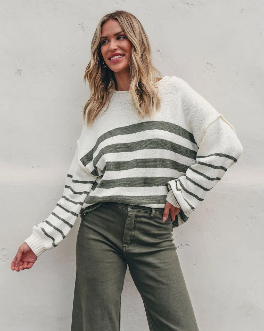 Olive and Cream Striped Pullover Sweater