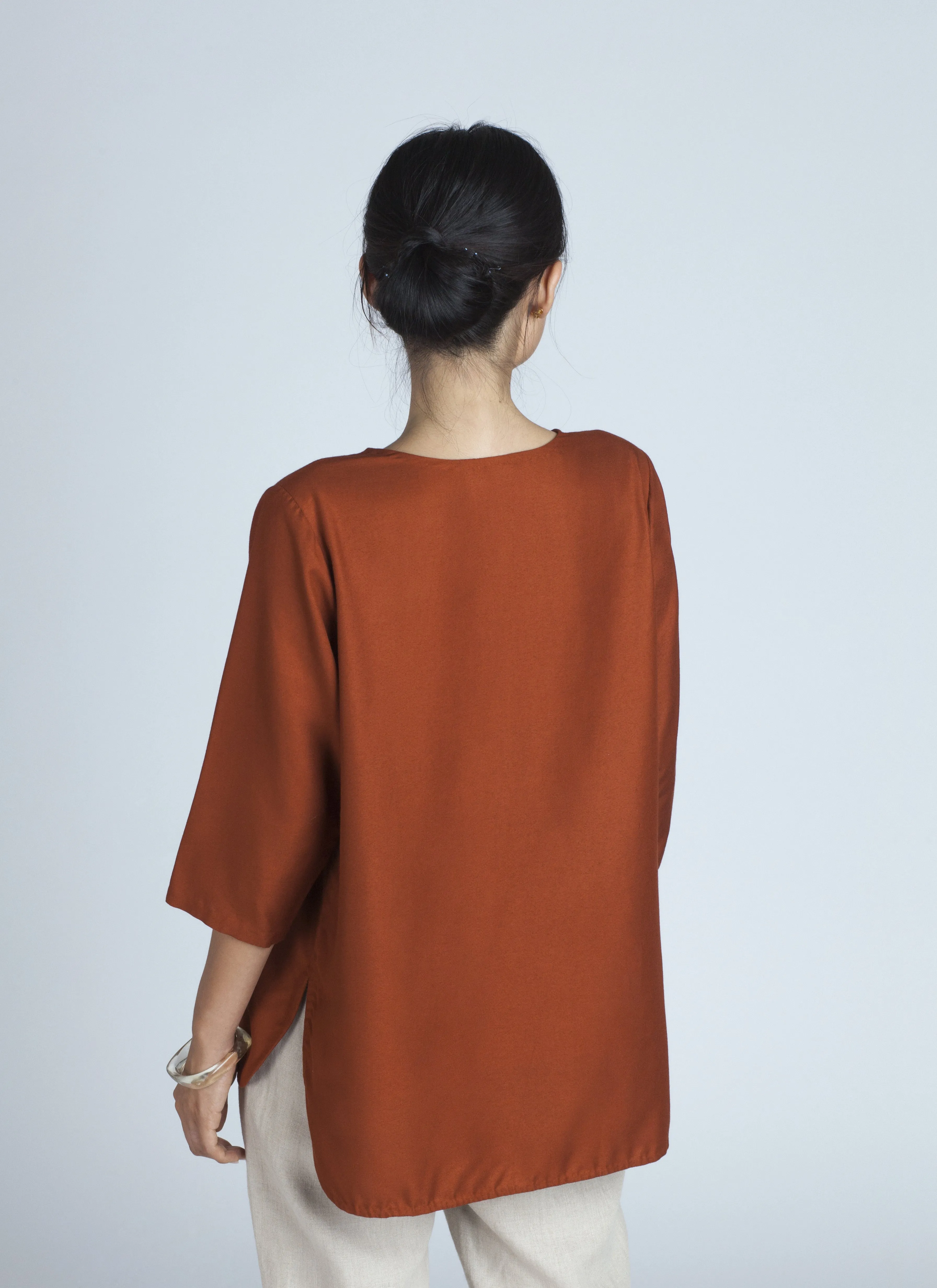 Past Mid Length Sleeve Top - Red Regale Orange