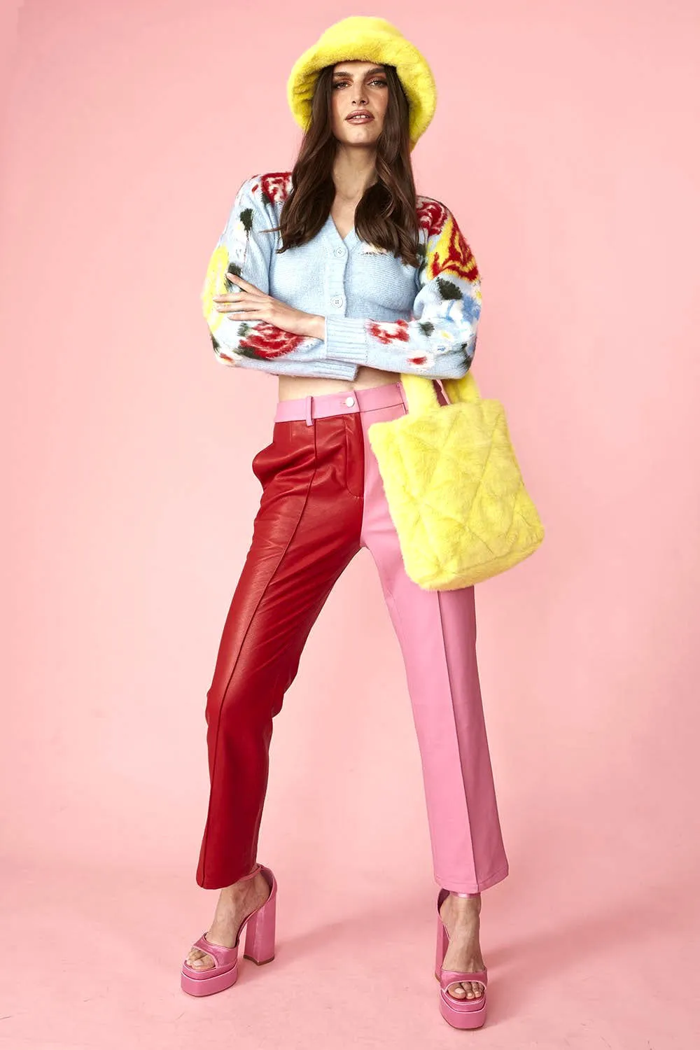 Patchwork Pink Red Faux Leather Trousers