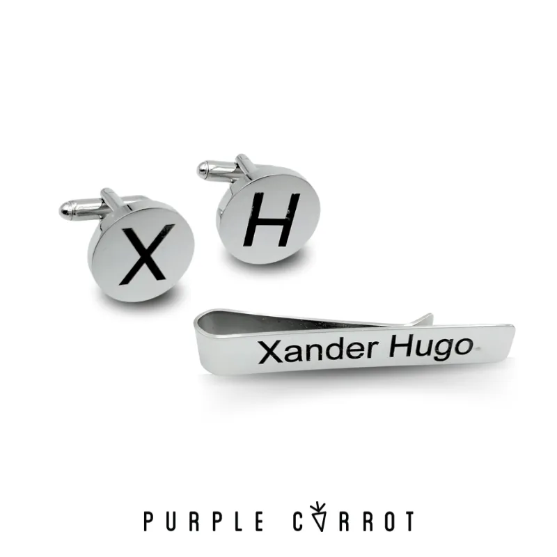 Personalized Sliding Tie Clip and Cufflinks Set
