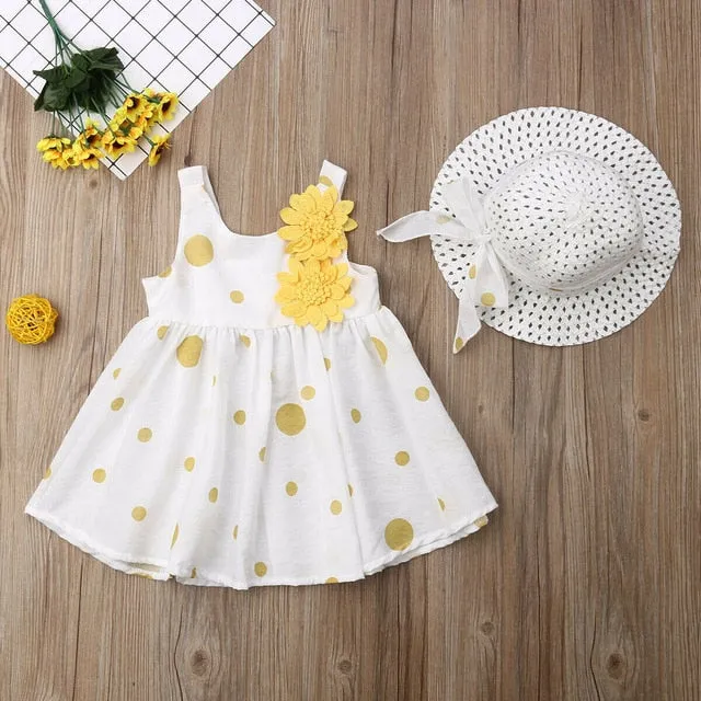 Polka Dot Floral Sleeveless Dress Sunhat Outfit (2 Colors)