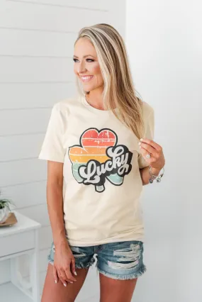 "Lucky" Striped Shamrock Retro Graphic Tee- Cream