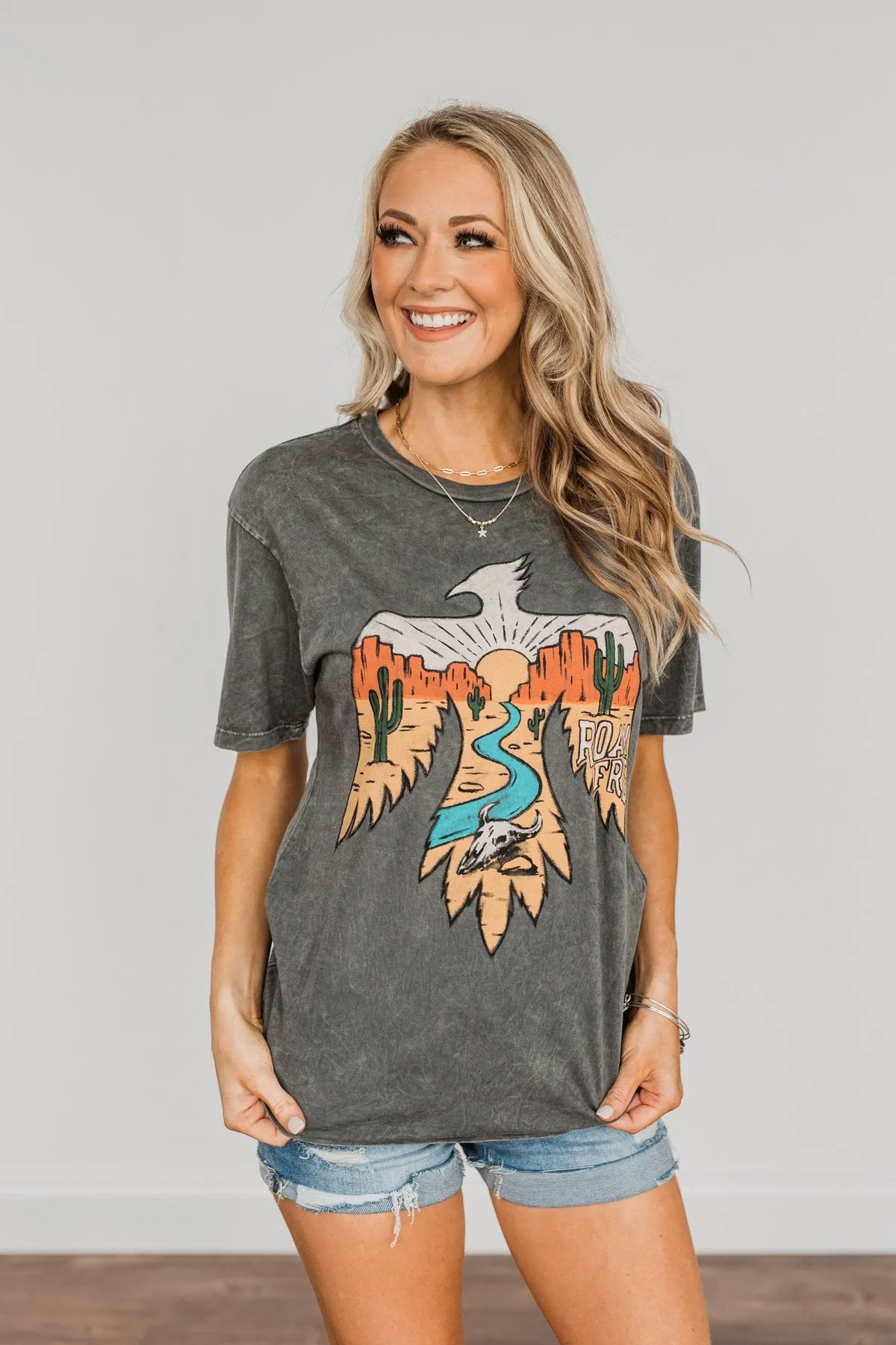 "Roam Free" Desert Bird Graphic Tee- Charcoal