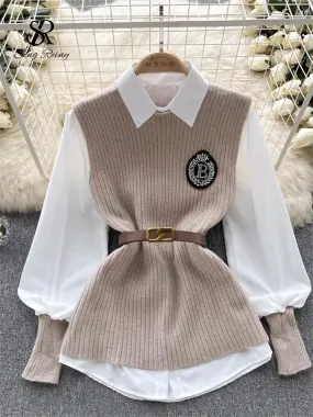 SINGREINY Korean Style Knitted Sleeveless Badge Sweater Pullover Single Breasted Lantern Sleeves Belt Women Autumn Gentle Blouse