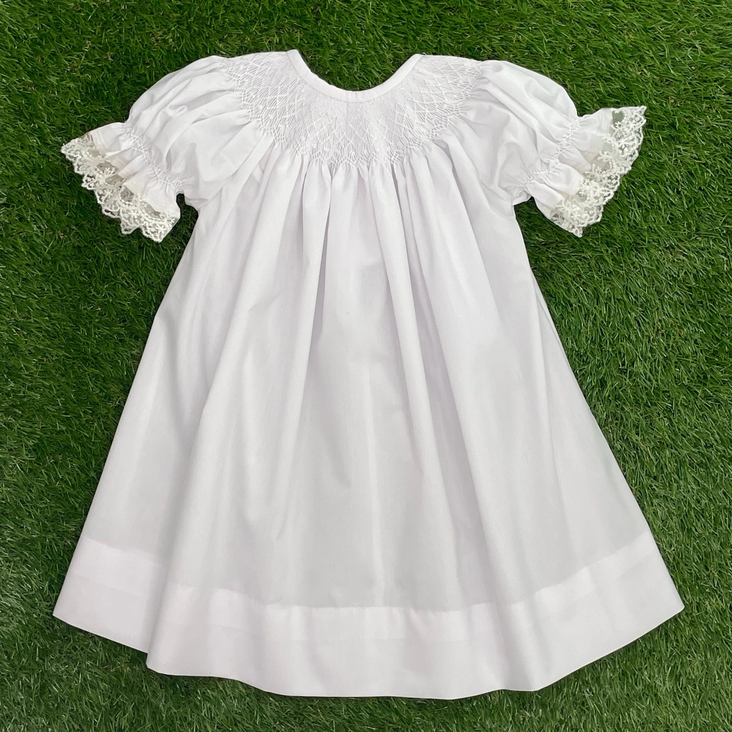 Smocked Heirloom dress - white with white smocking & ivory lace