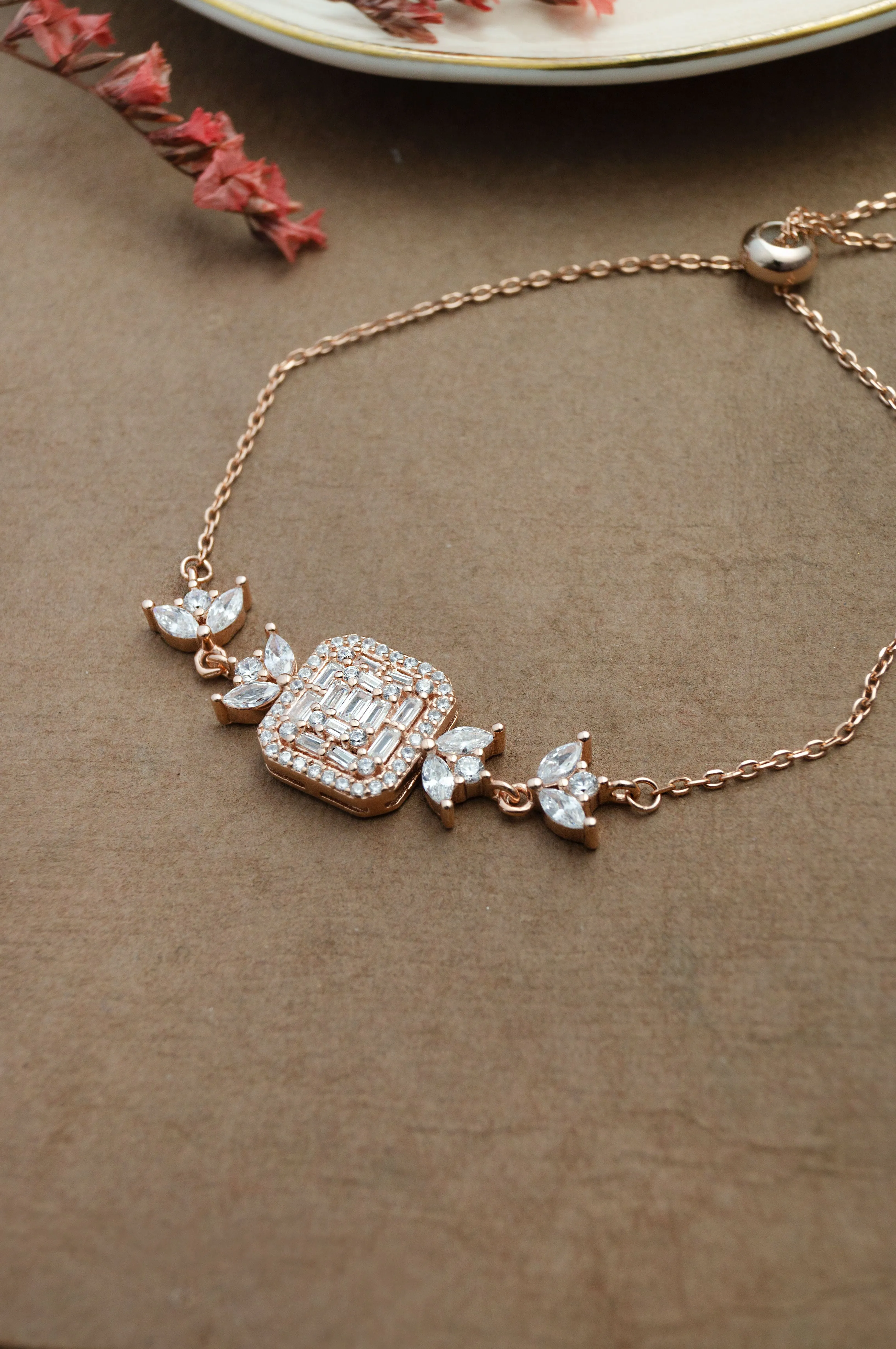 Sparkling Garden Rose Gold Plated Sterling Silver Adjustable Bracelet