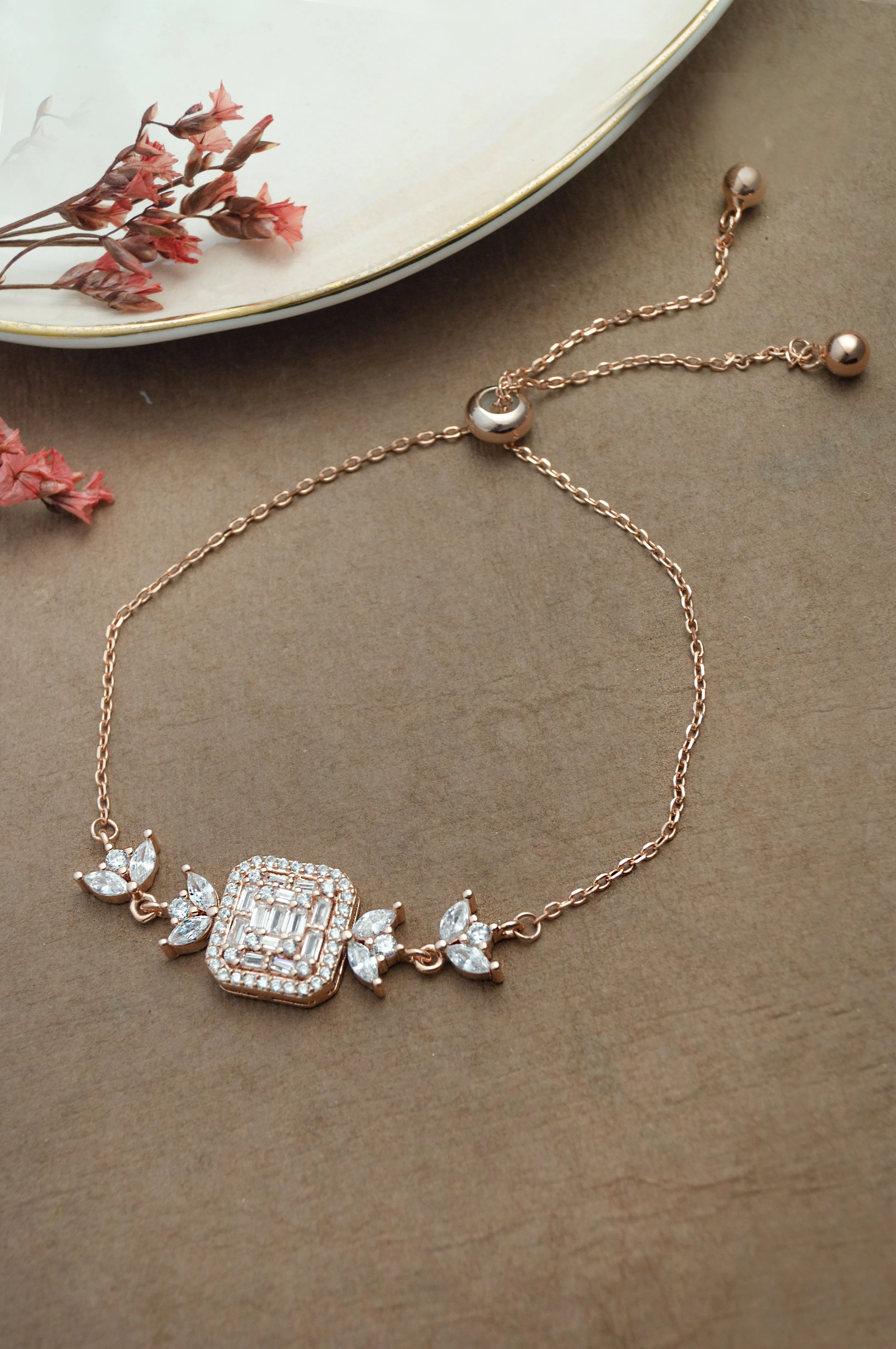 Sparkling Garden Rose Gold Plated Sterling Silver Adjustable Bracelet
