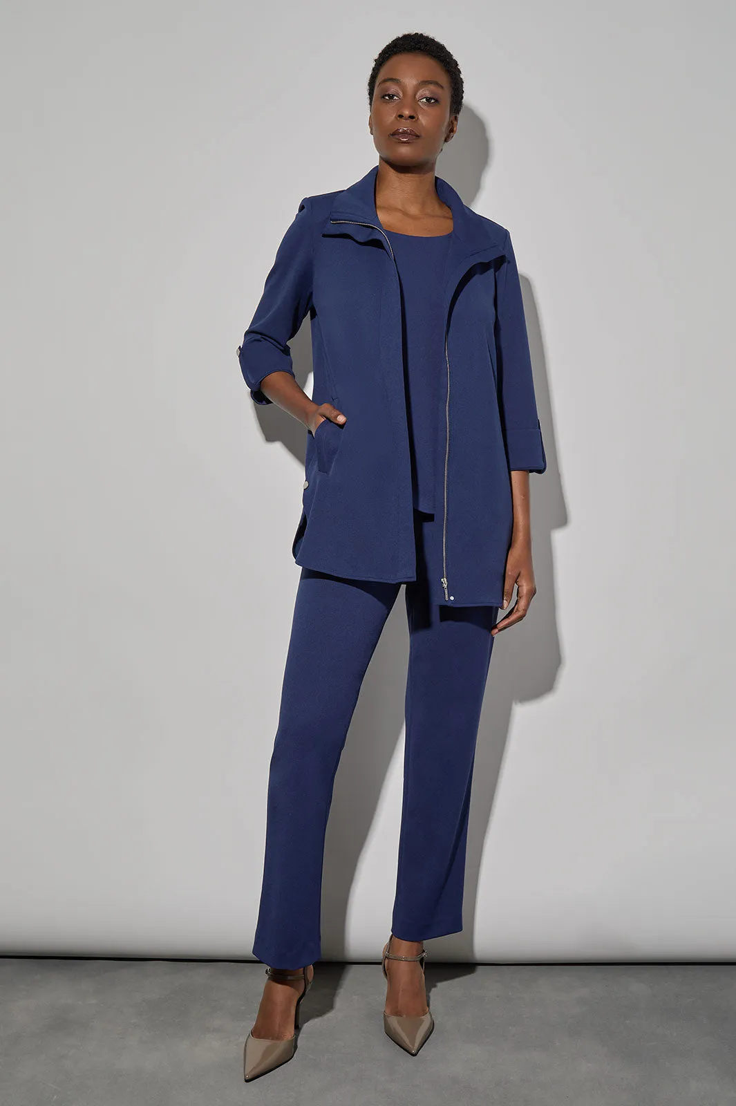 Stretch Deco Crepe Snap Detail Zip Jacket