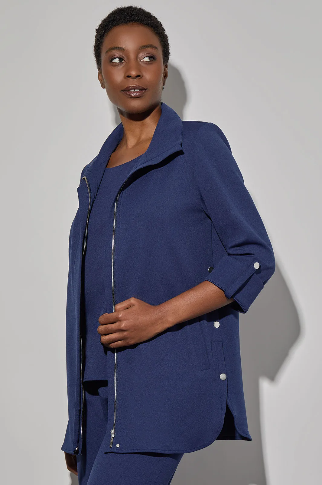 Stretch Deco Crepe Snap Detail Zip Jacket