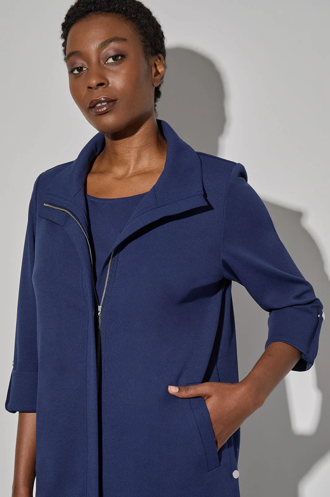 Stretch Deco Crepe Snap Detail Zip Jacket