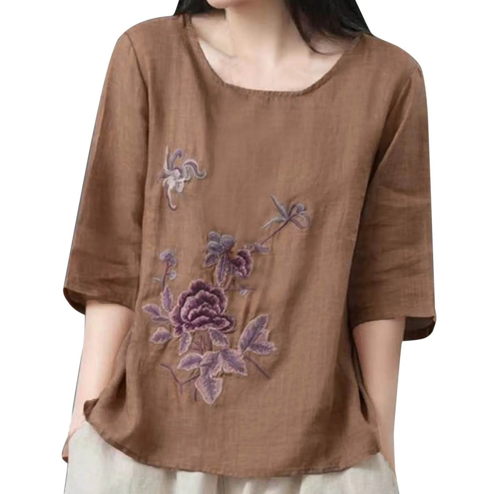 Summer New Fashion Loose Blouse Casual Floral Print Cotton Linen Comfortable Short Sleeve Pullover Top Women All-match Tee