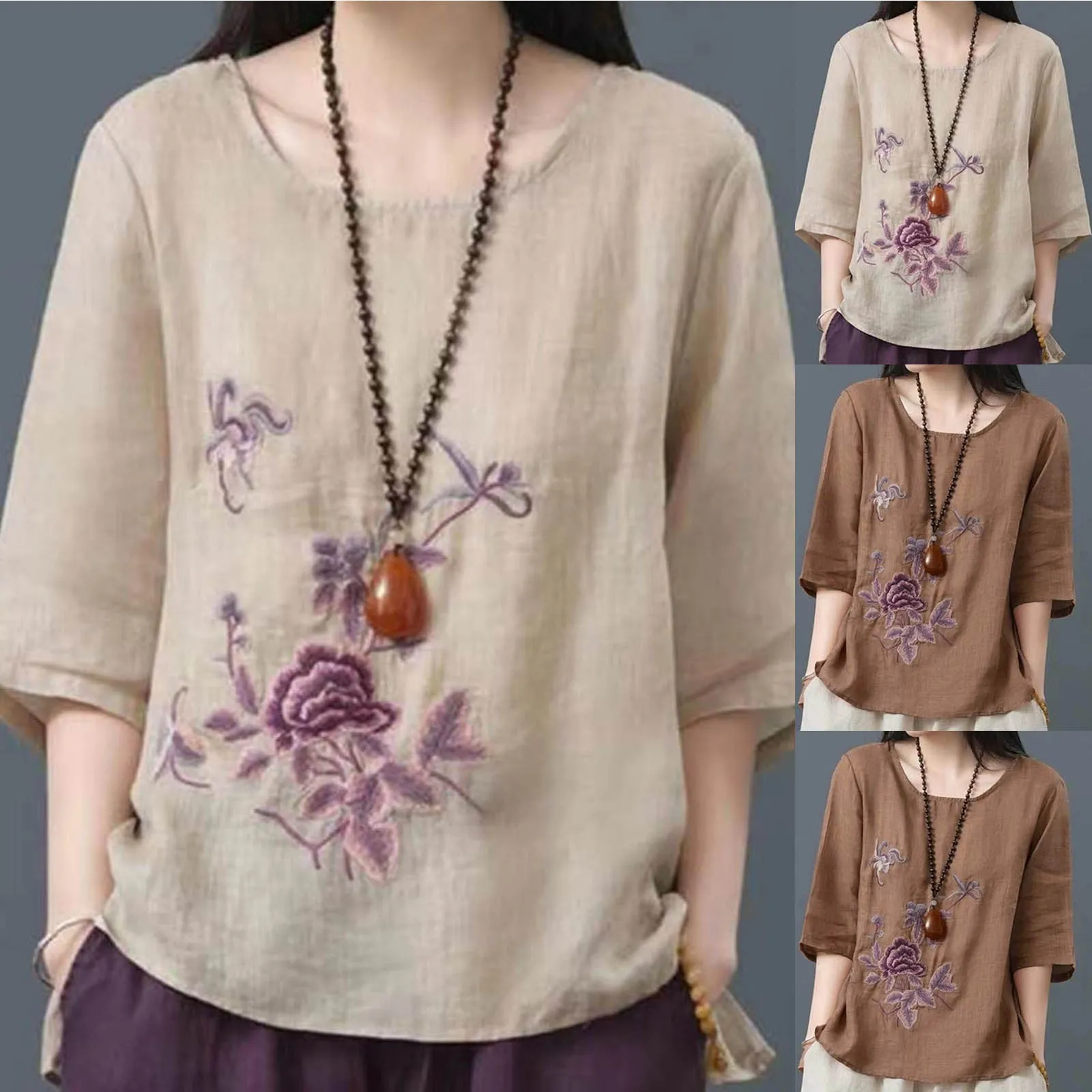 Summer New Fashion Loose Blouse Casual Floral Print Cotton Linen Comfortable Short Sleeve Pullover Top Women All-match Tee