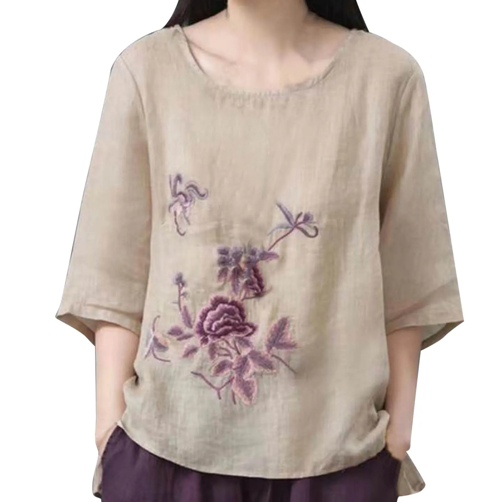 Summer New Fashion Loose Blouse Casual Floral Print Cotton Linen Comfortable Short Sleeve Pullover Top Women All-match Tee