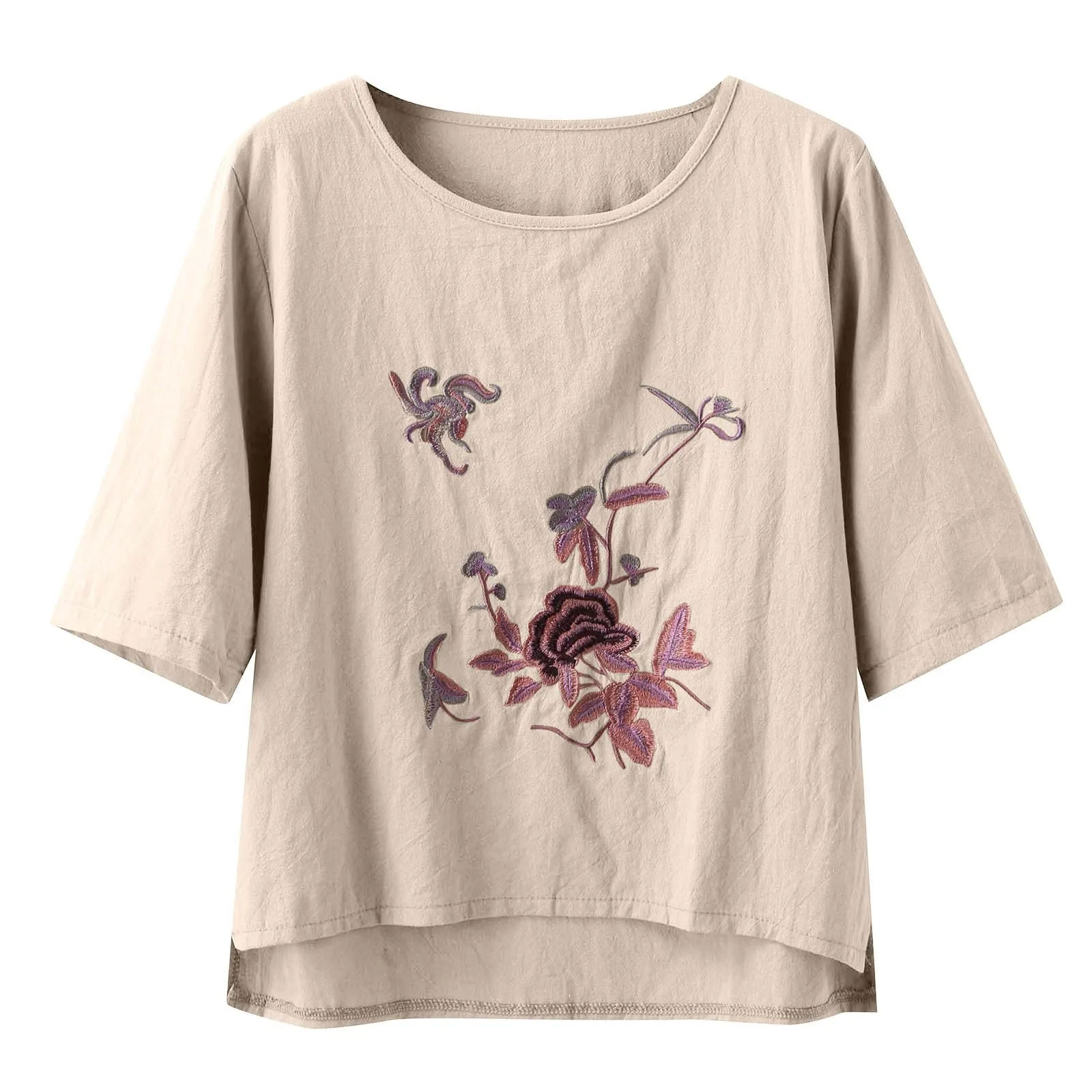 Summer New Fashion Loose Blouse Casual Floral Print Cotton Linen Comfortable Short Sleeve Pullover Top Women All-match Tee