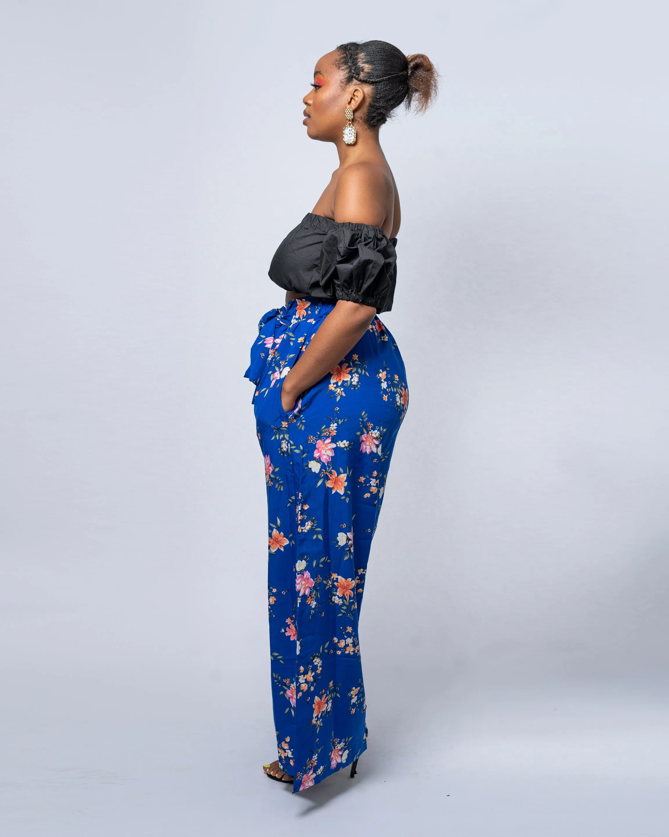 Tilly High Waisted Trouser | Blue Chiffon Floral Print