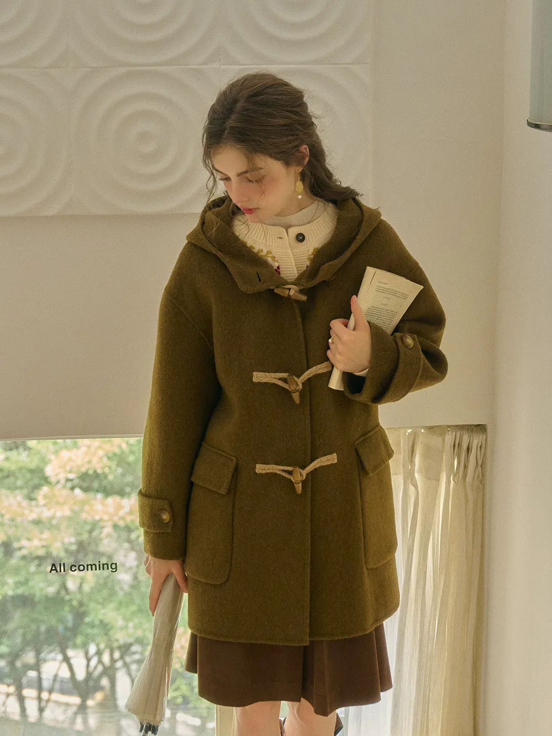 Veda Artistic Double-Breasted Horn Button Dropped shoulders Hooded Pocket Wool Coat