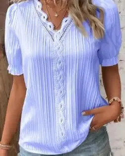 Women Fashion Solid Color Blouses Shirts Casual V-Neck Short Sleeve Elegant Blouses Tops Ladies Summer Classics Basic White Tops