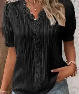 Women Fashion Solid Color Blouses Shirts Casual V-Neck Short Sleeve Elegant Blouses Tops Ladies Summer Classics Basic White Tops